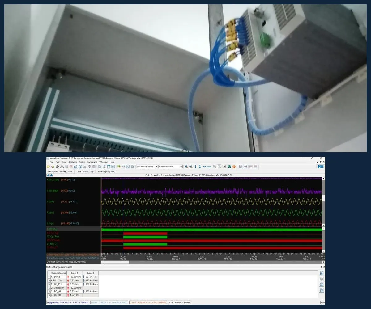 Tablero de control con relés y, debajo, el registro de oscilografía de un evento eléctrico