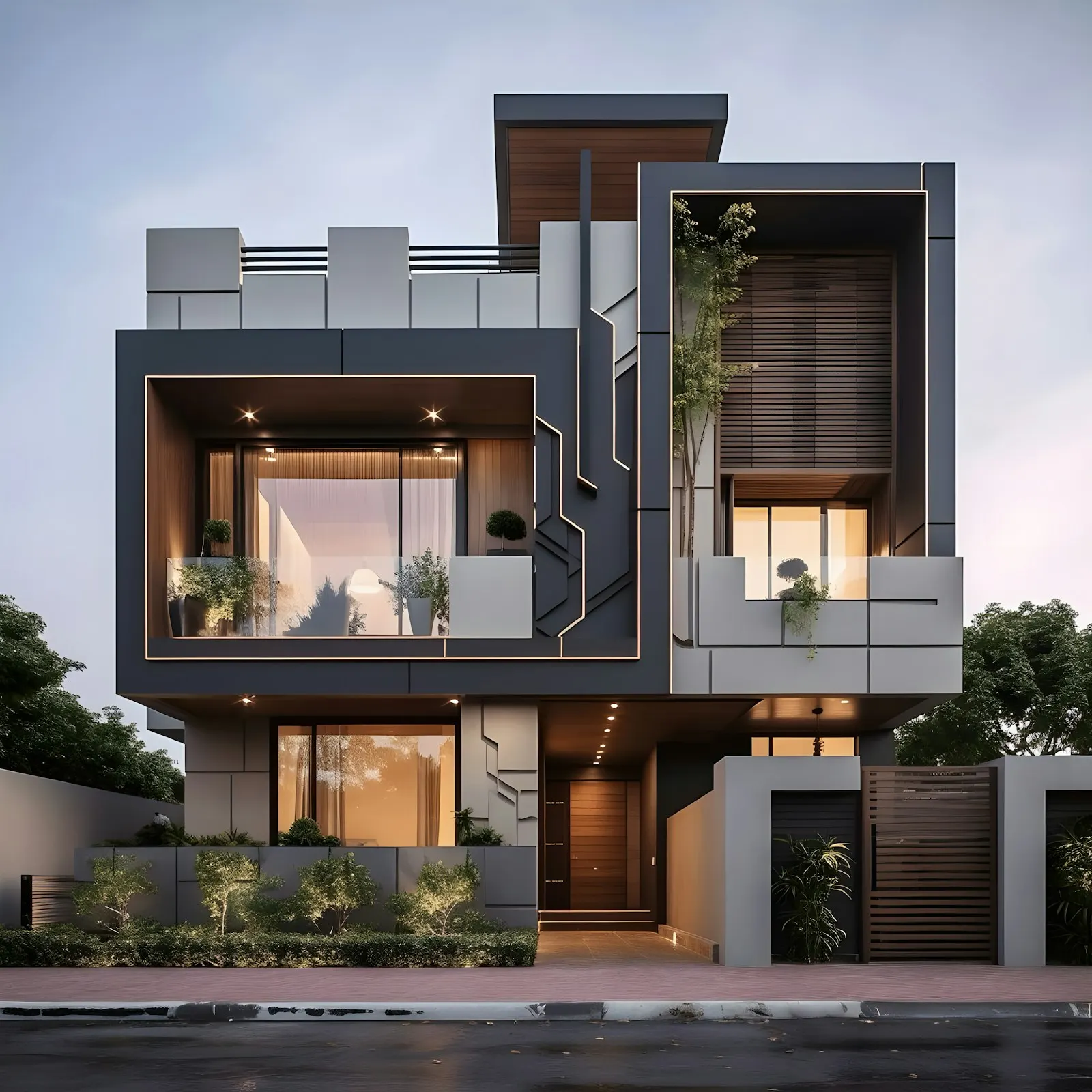 Fachada de una residencia moderna de tres niveles con balcones y jardín, en zona residencial exclusiva