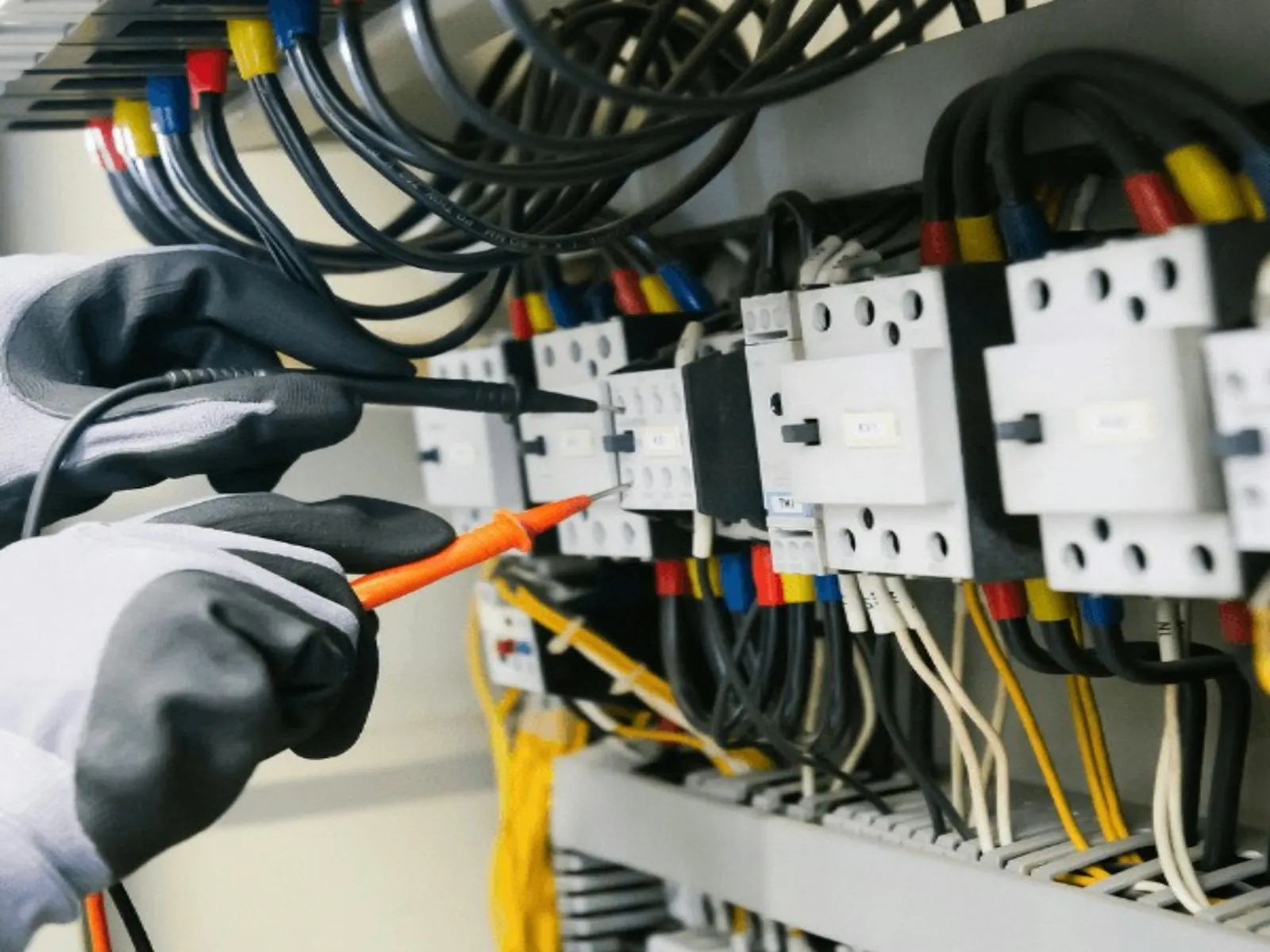Técnico midiendo con puntas de multímetro sobre los contactores de un tablero eléctrico
