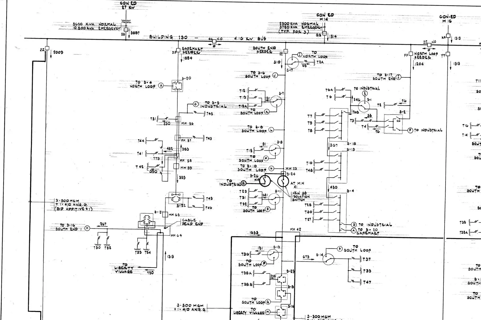 Diagrama unifilar de una subestación con barras de 4,16 kV, alimentadores, transformadores e interruptores